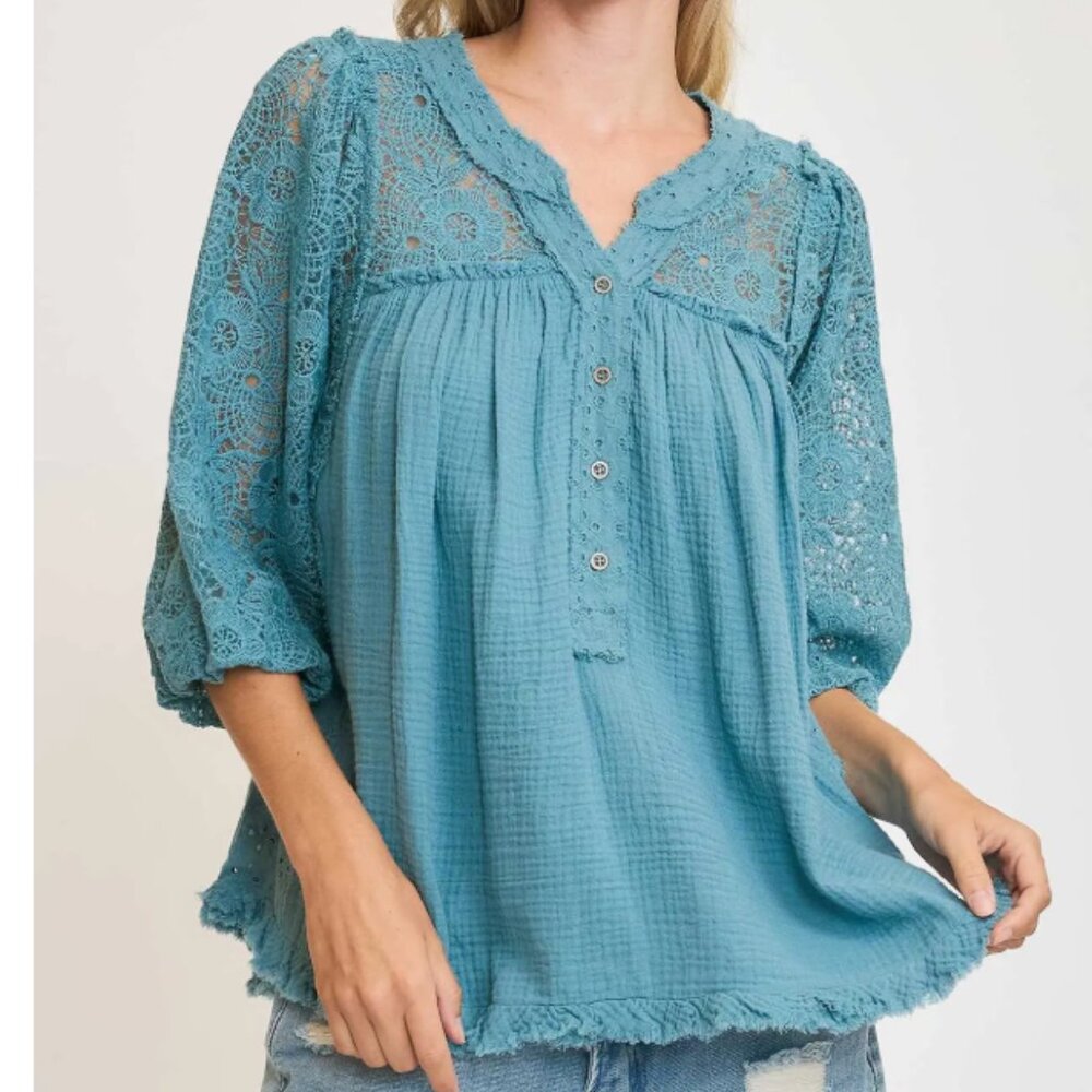 107.Lace Detailed Henley Top